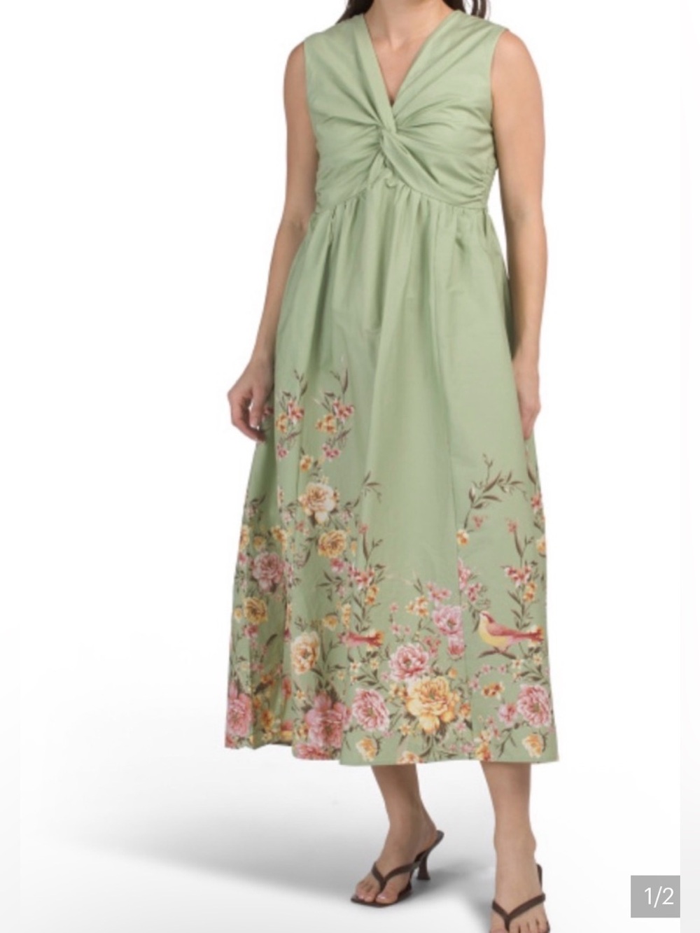 🍐RACHEL ZOE Green Floral Bird Print Cotton Occasion Midi Maxi Dress 8
